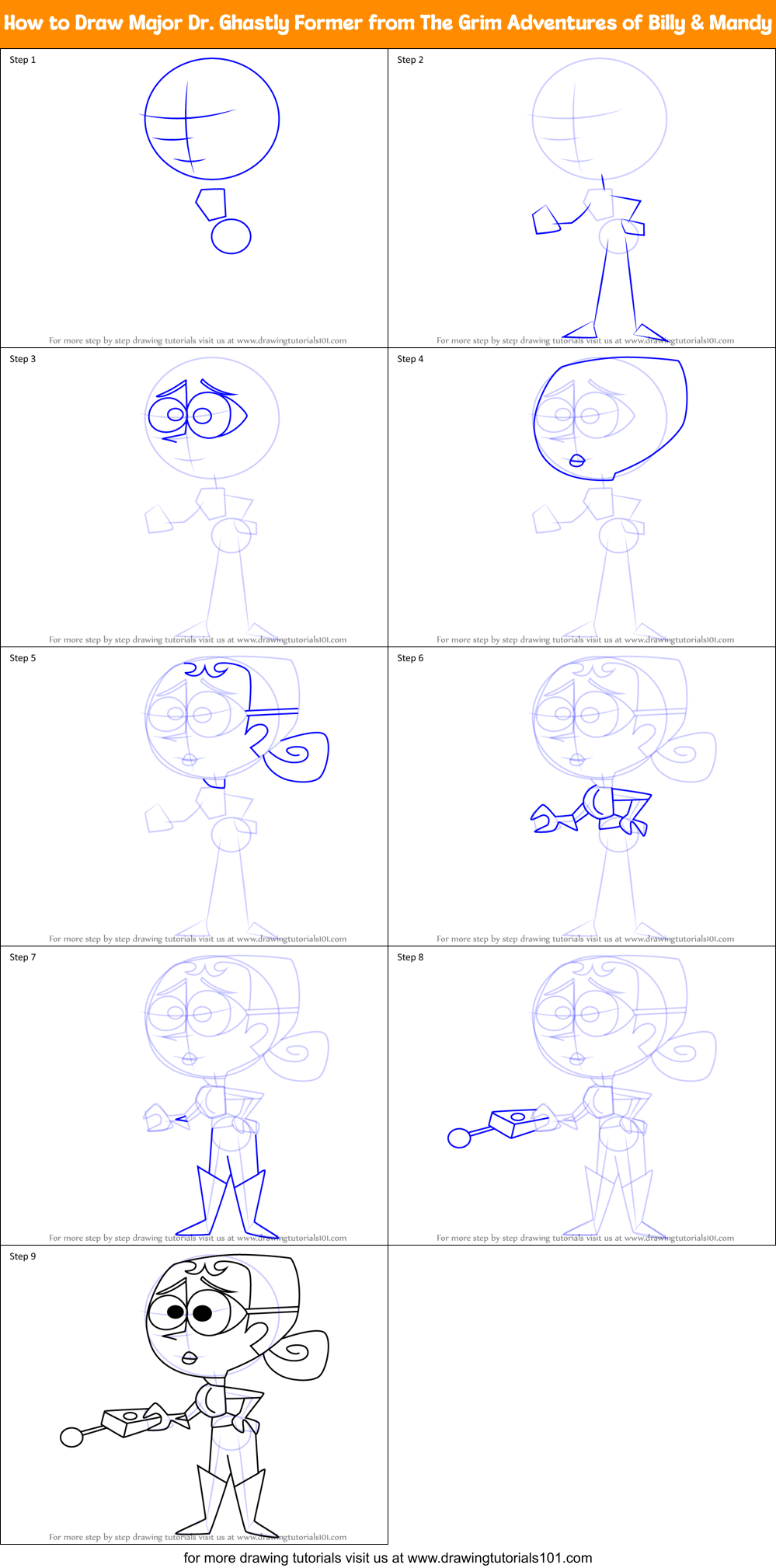 How to Draw Major Dr. Ghastly Former from The Grim Adventures of Billy & Mandy Printable Step by Step