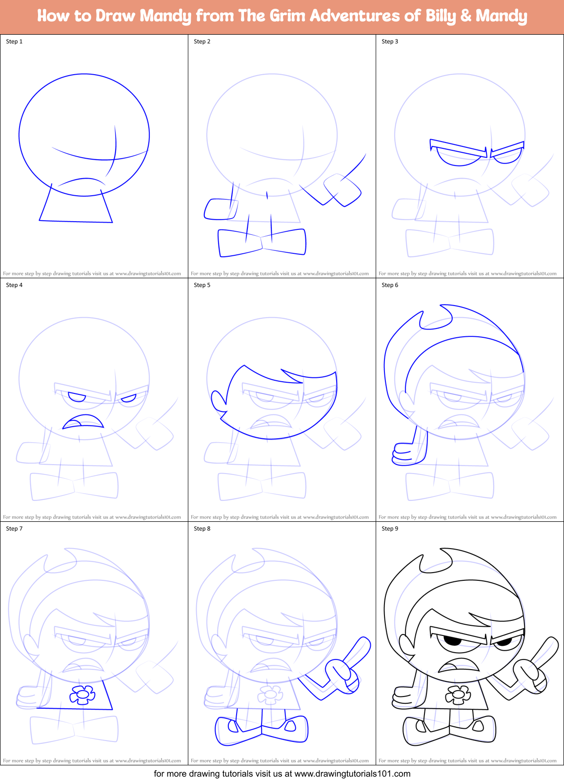 How to Draw Mandy from The Grim Adventures of Billy & Mandy Printable Step by Step