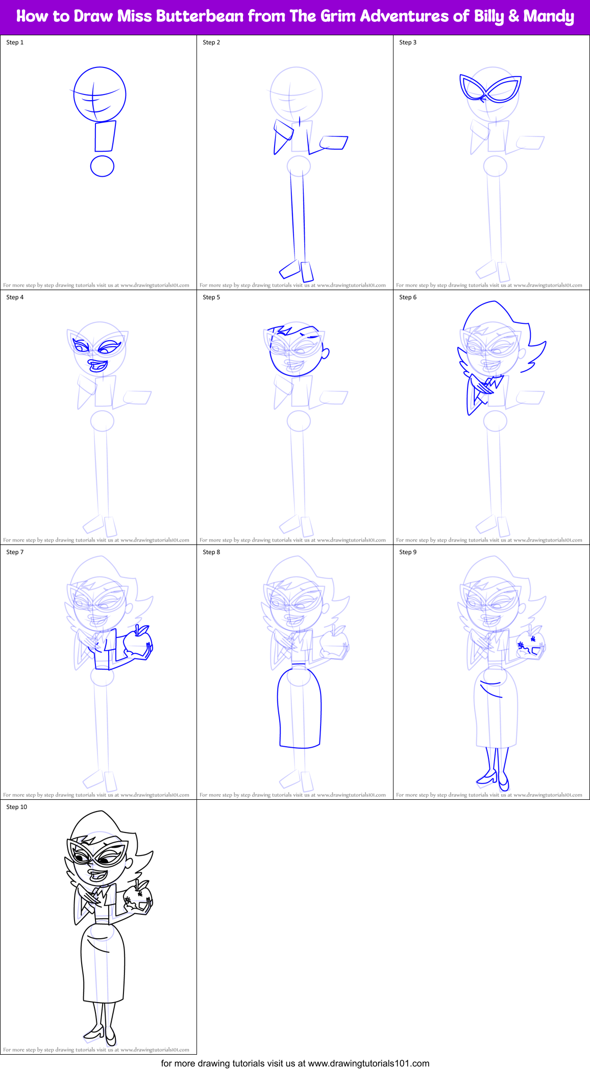 How to Draw Miss Butterbean from The Grim Adventures of Billy & Mandy Printable Step by Step