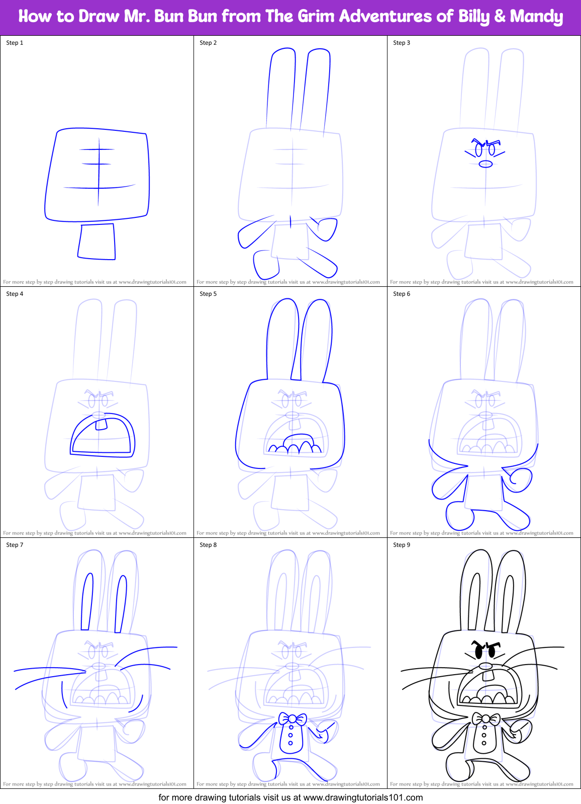How to Draw Mr. Bun Bun from The Grim Adventures of Billy & Mandy Printable Step by Step