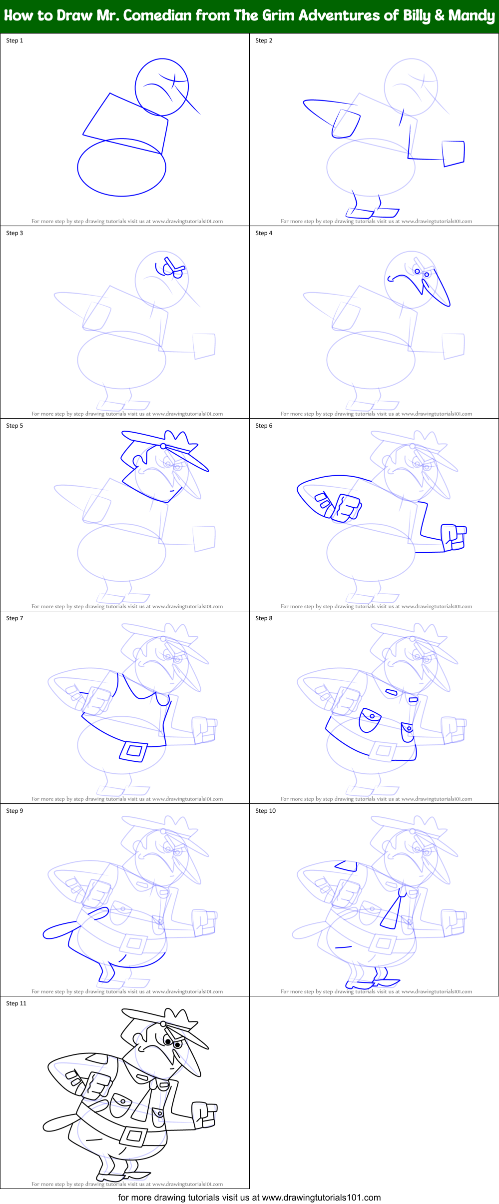 How to Draw Mr. Comedian from The Grim Adventures of Billy & Mandy Printable Step by Step