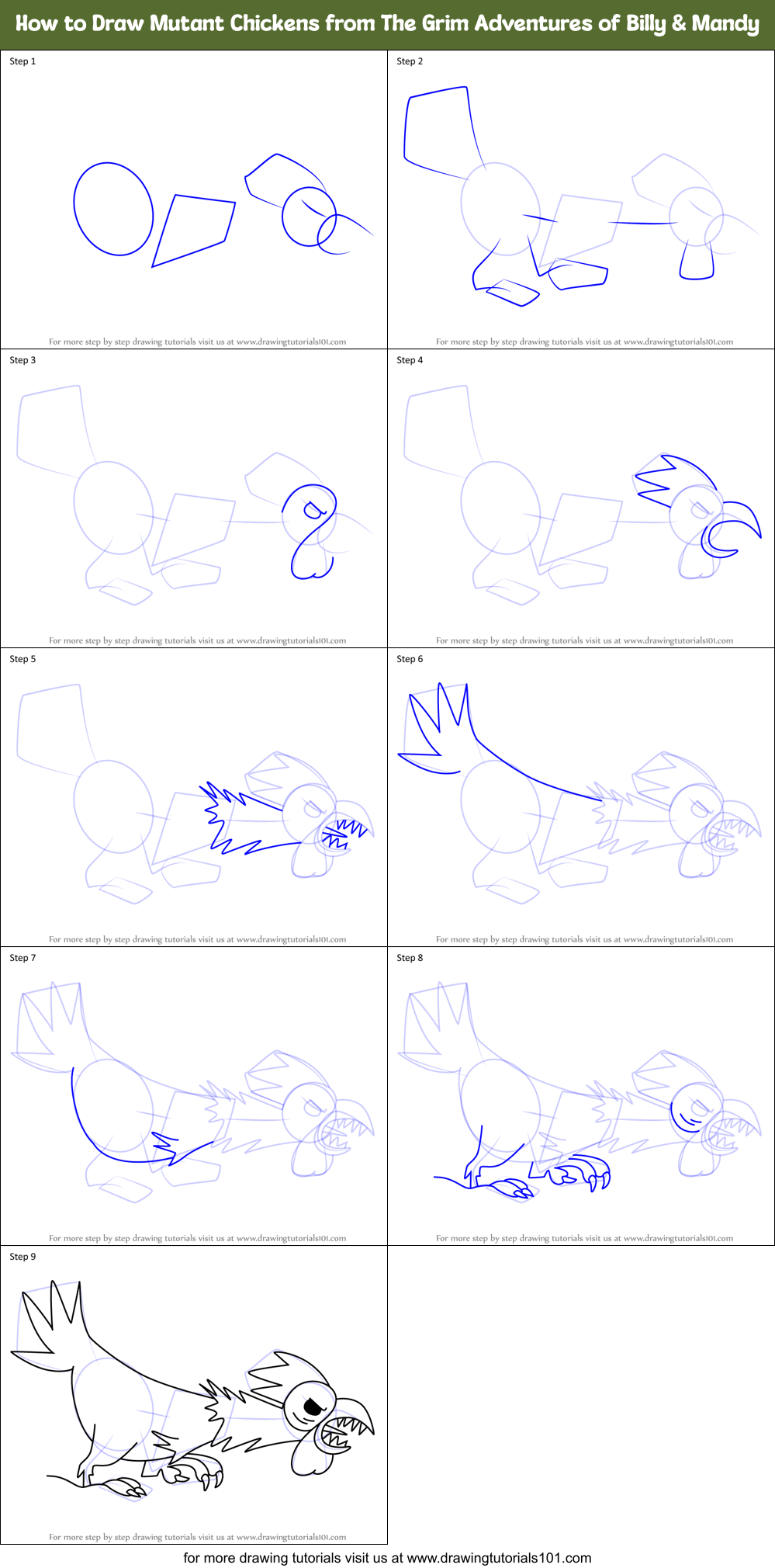 How to Draw Mutant Chickens from The Grim Adventures of Billy & Mandy Printable Step by Step