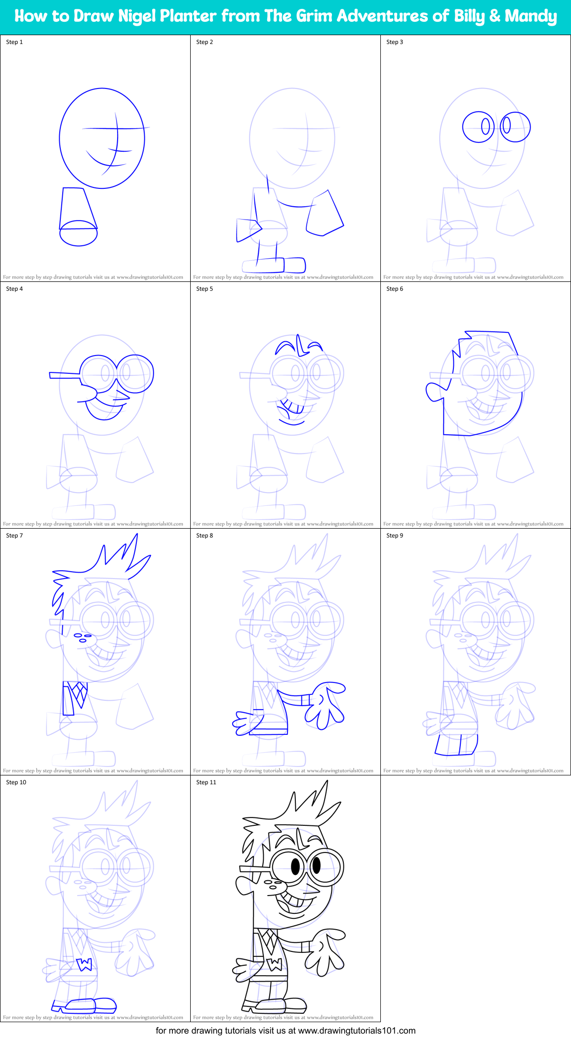 How to Draw Nigel Planter from The Grim Adventures of Billy & Mandy Printable Step by Step