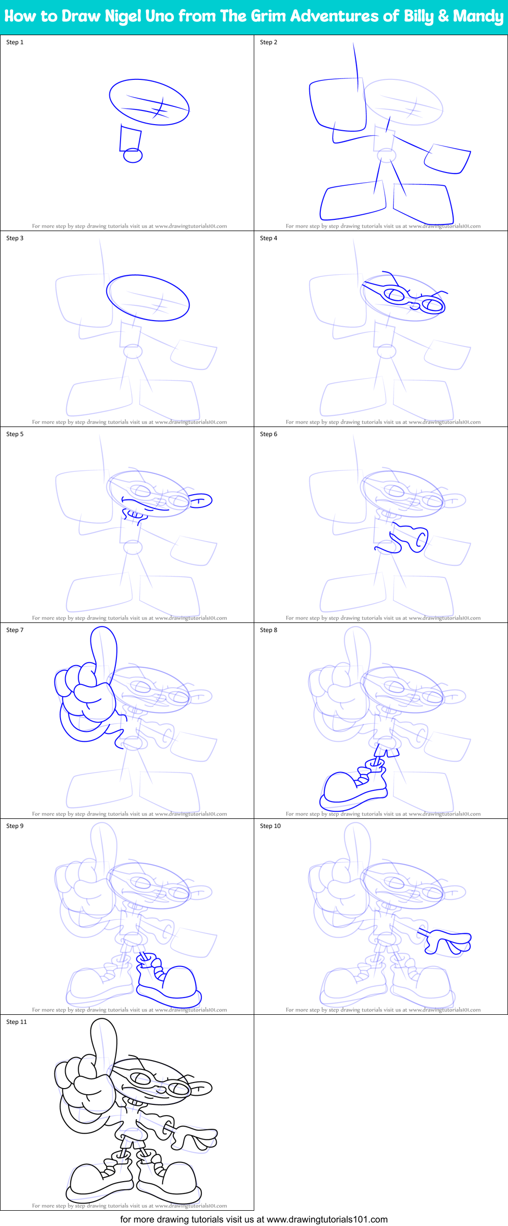 How to Draw Nigel Uno from The Grim Adventures of Billy & Mandy Printable Step by Step