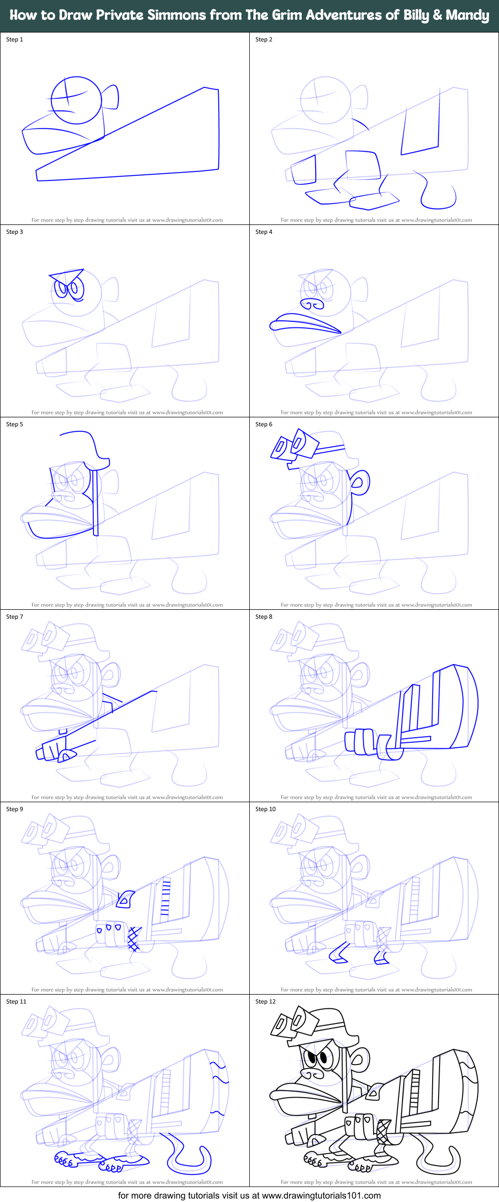 How to Draw Private Simmons from The Grim Adventures of Billy & Mandy Printable Step by Step