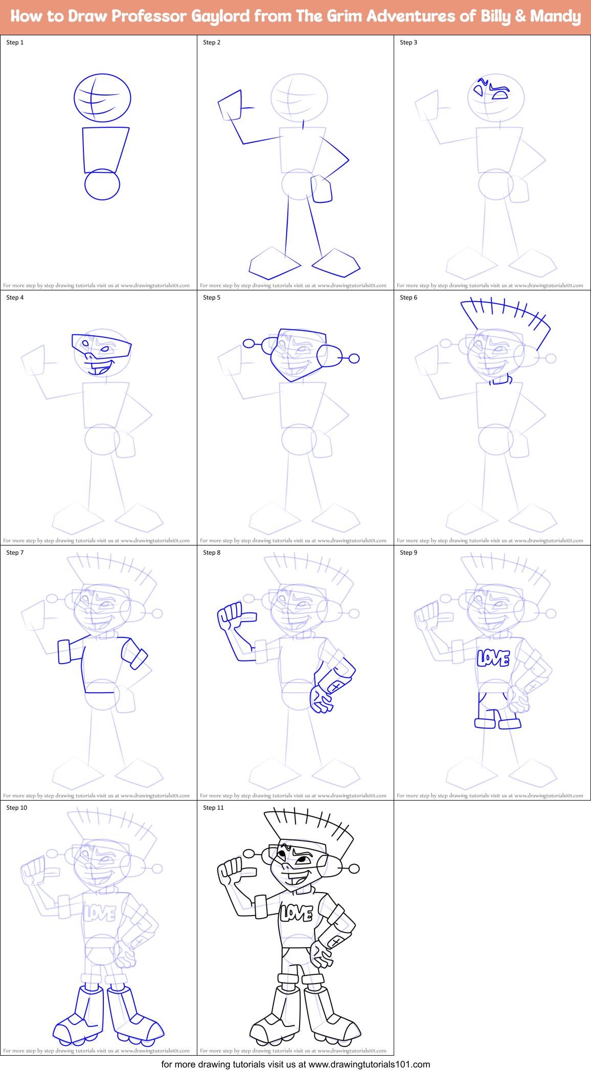 How to Draw Professor Gaylord from The Grim Adventures of Billy & Mandy Printable Step by Step