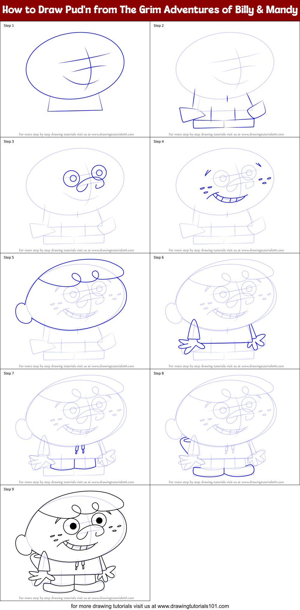 How to Draw Pud'n from The Grim Adventures of Billy & Mandy Printable Step by Step