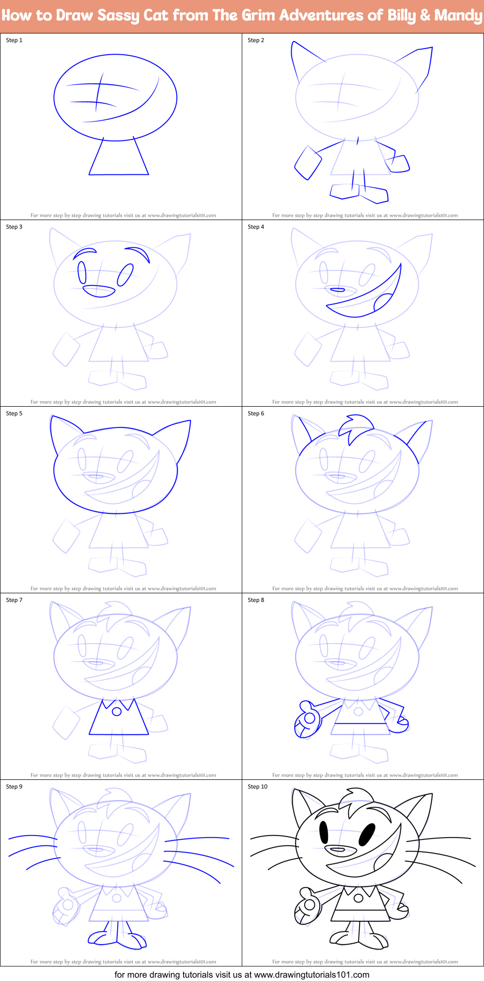 How to Draw Sassy Cat from The Grim Adventures of Billy & Mandy Printable Step by Step