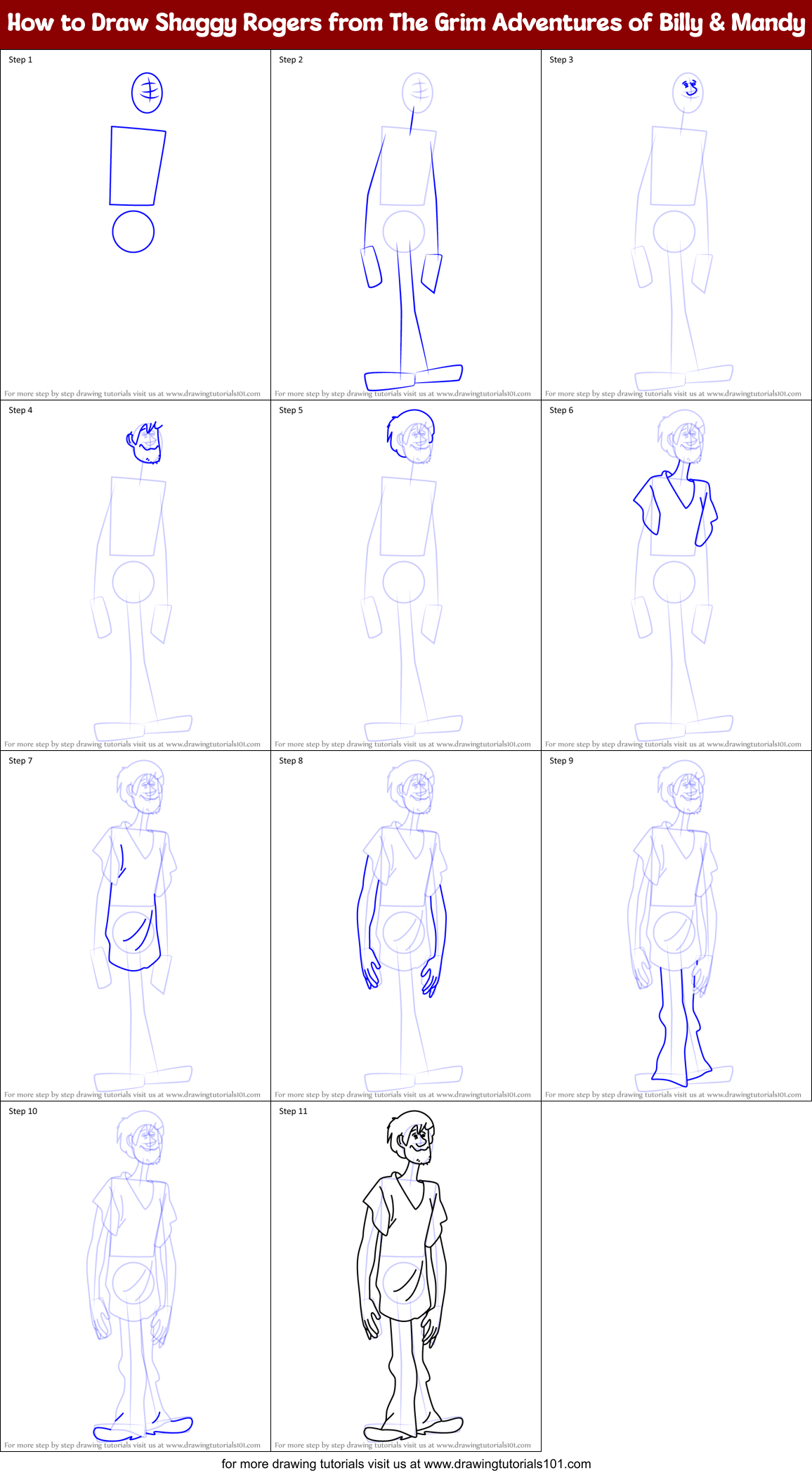 How to Draw Shaggy Rogers from The Grim Adventures of Billy & Mandy Printable Step by Step