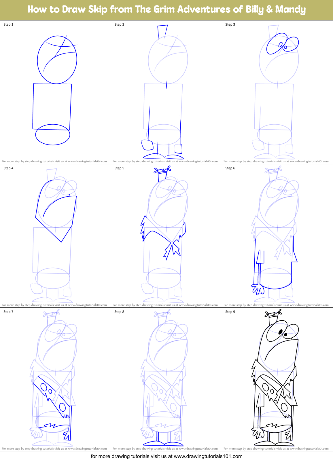 How to Draw Skip from The Grim Adventures of Billy & Mandy Printable Step by Step