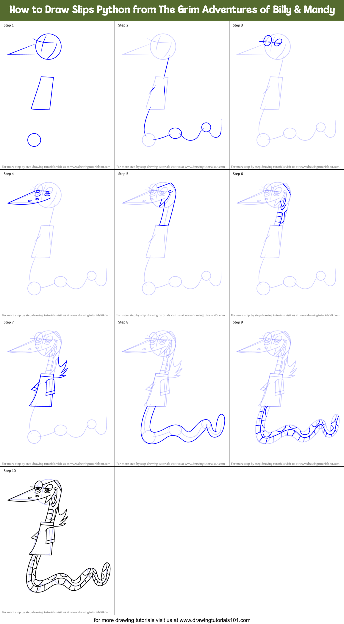 How to Draw Slips Python from The Grim Adventures of Billy & Mandy Printable Step by Step