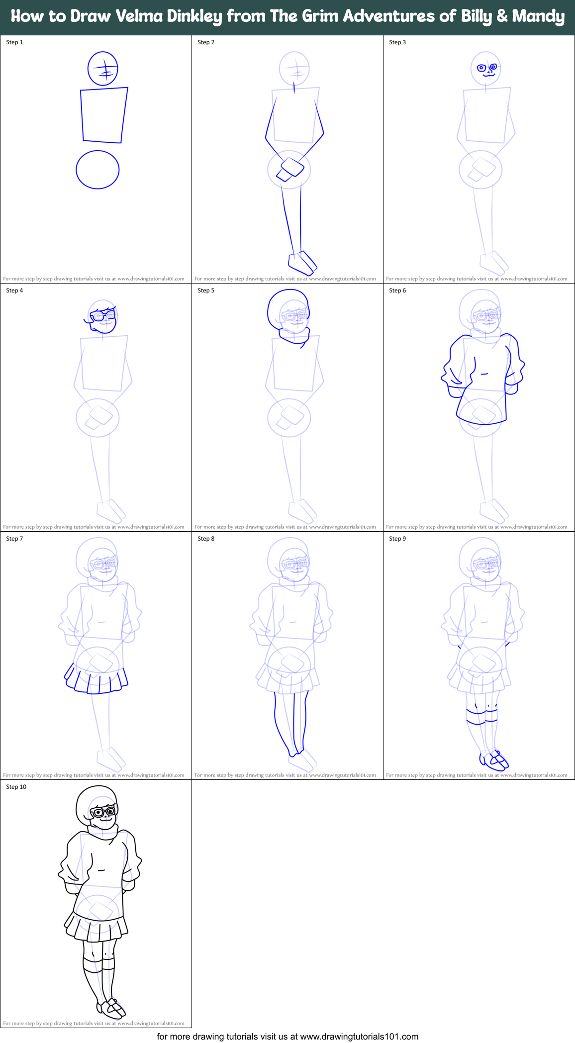 How to Draw Velma Dinkley from The Grim Adventures of Billy & Mandy Printable Step by Step
