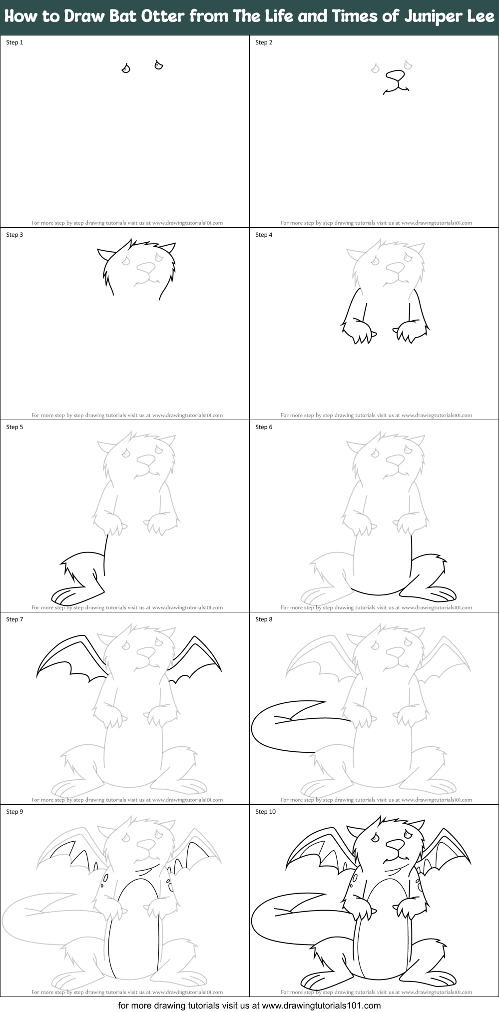 How to Draw Bat Otter from The Life and Times of Juniper Lee Printable Step by Step