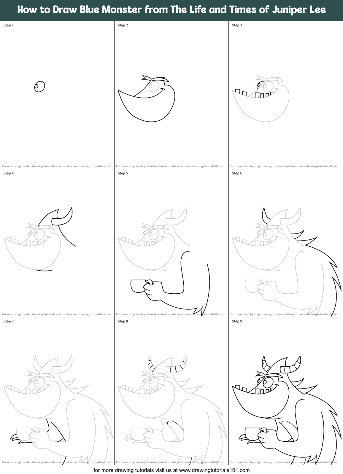 How to Draw Blue Monster from The Life and Times of Juniper Lee Printable Step by Step