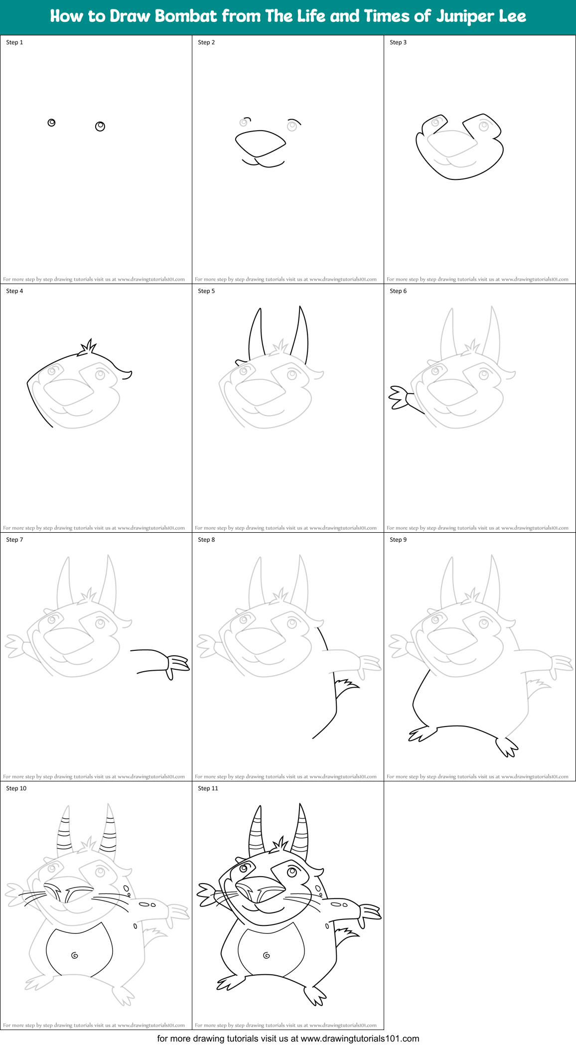How to Draw Bombat from The Life and Times of Juniper Lee Printable Step by Step