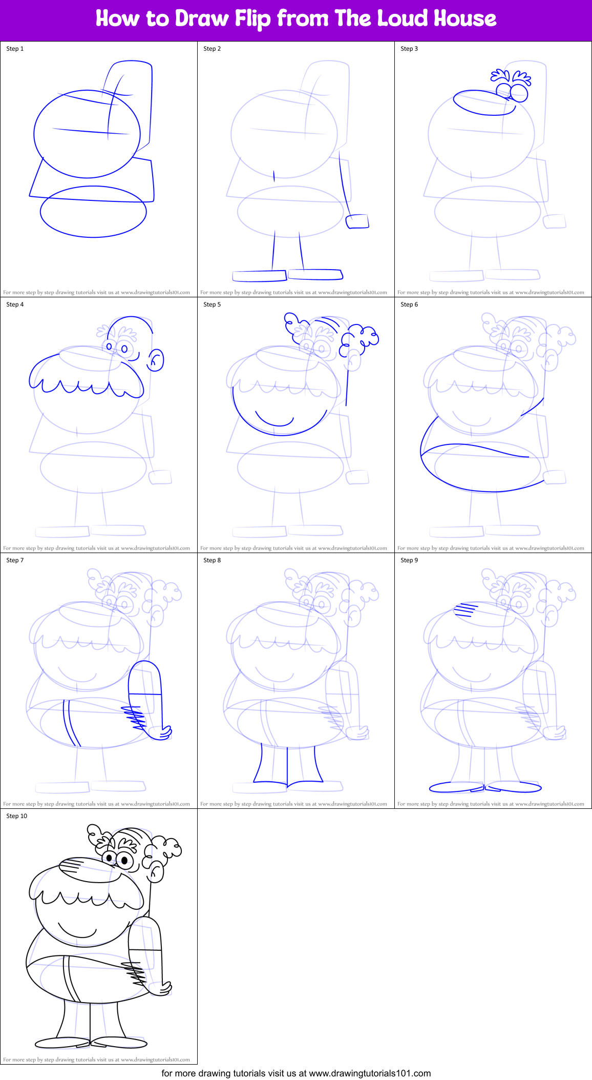 How to Draw Flip from The Loud House Printable Step by Step