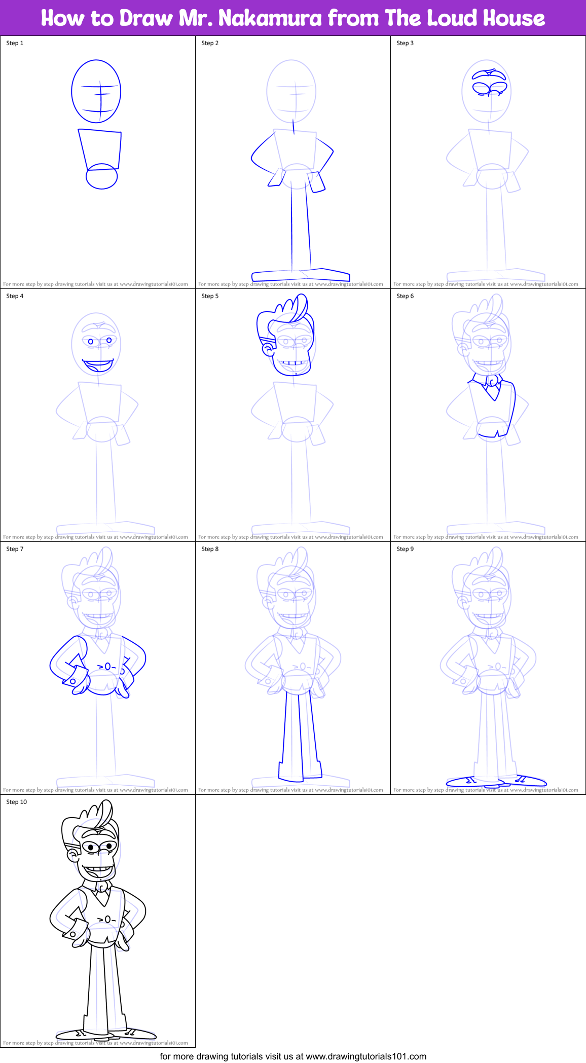 How to Draw Mr. Nakamura from The Loud House Printable Step by Step