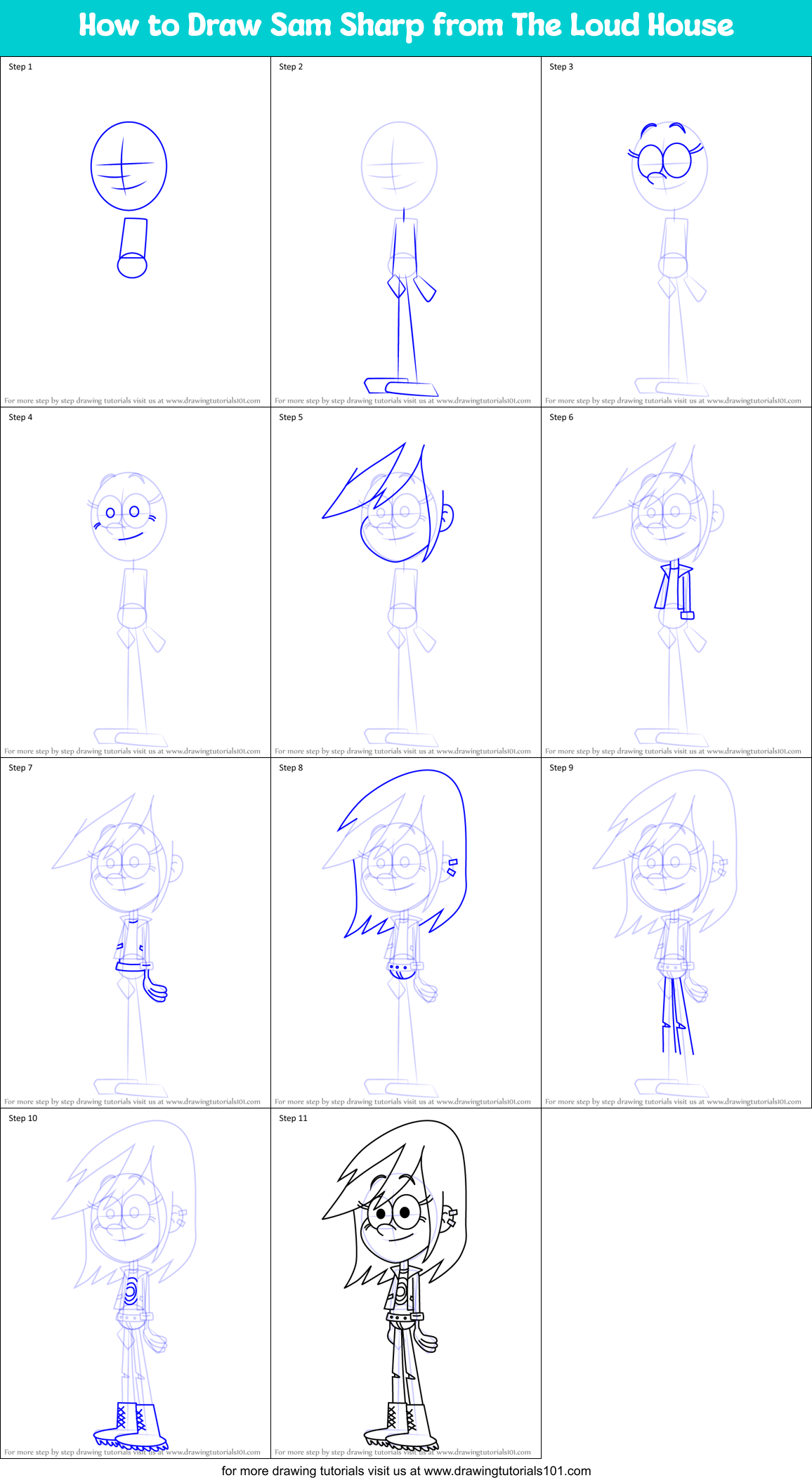How to Draw Sam Sharp from The Loud House Printable Step by Step