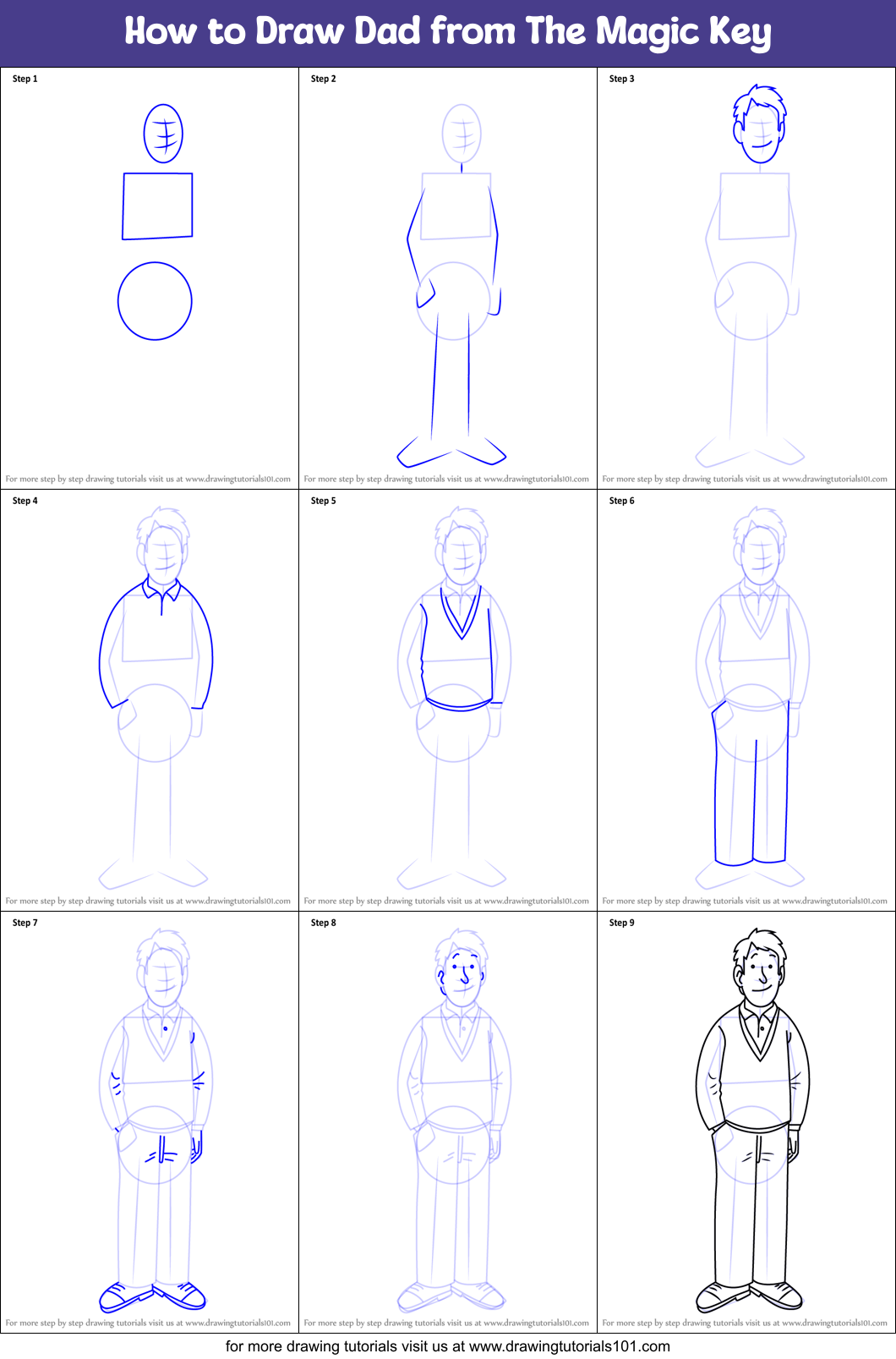 How to Draw Dad from The Magic Key Printable Step by Step