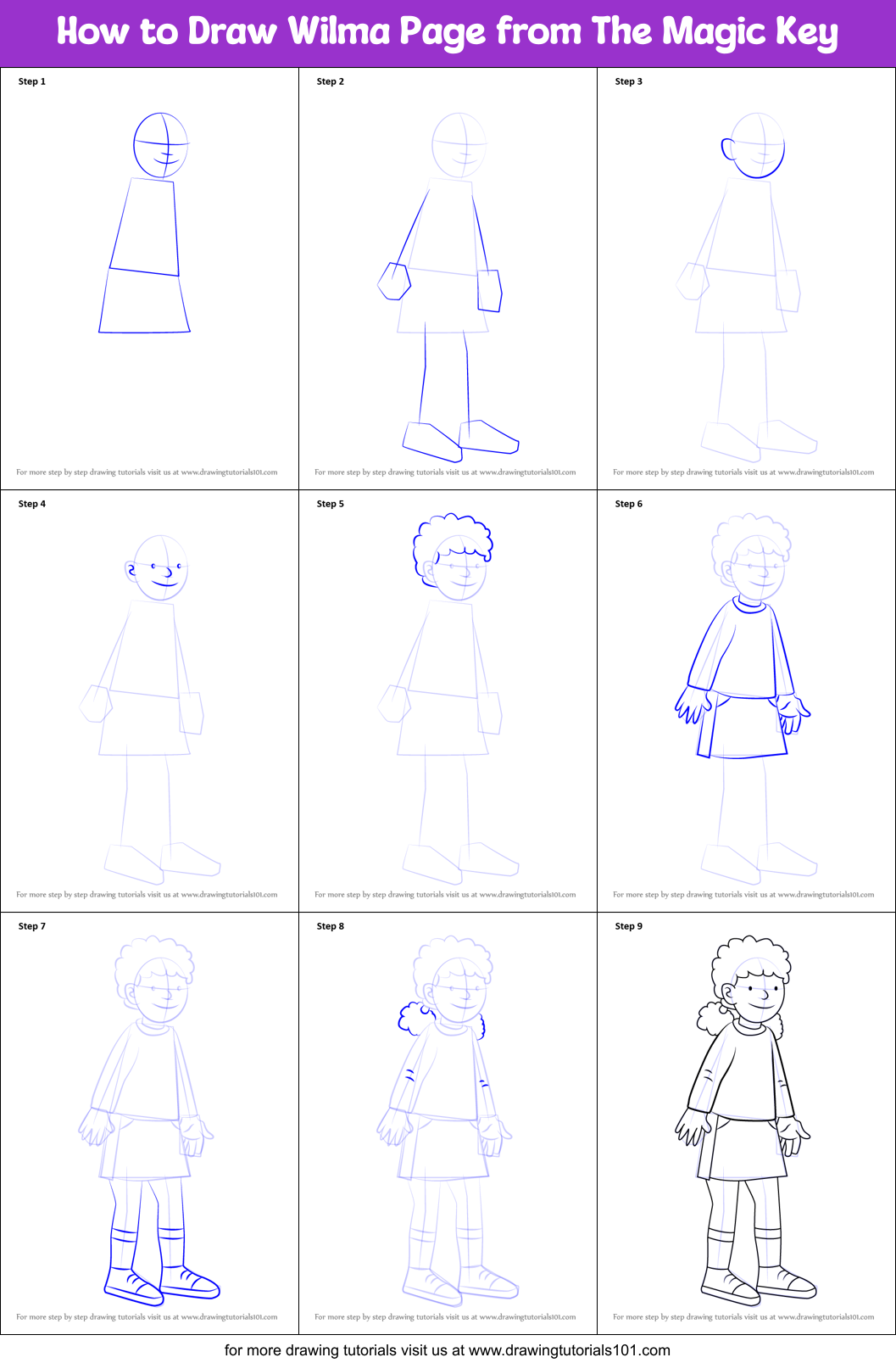How to Draw Wilma Page from The Magic Key Printable Step by Step