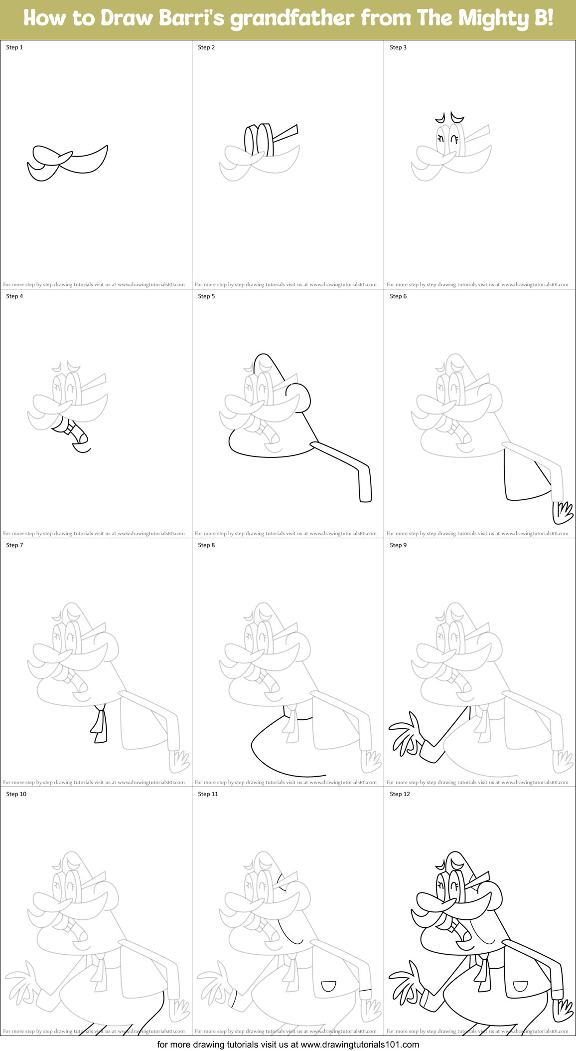 How to Draw Barri's grandfather from The Mighty B! Printable Step by Step