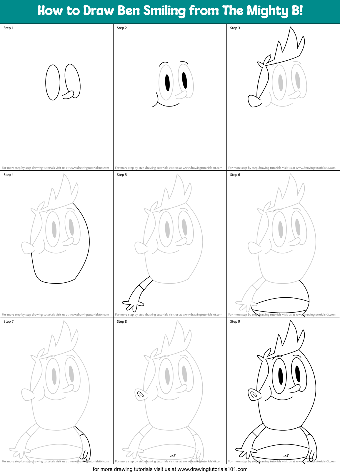 How to Draw Ben Smiling from The Mighty B! Printable Step by Step