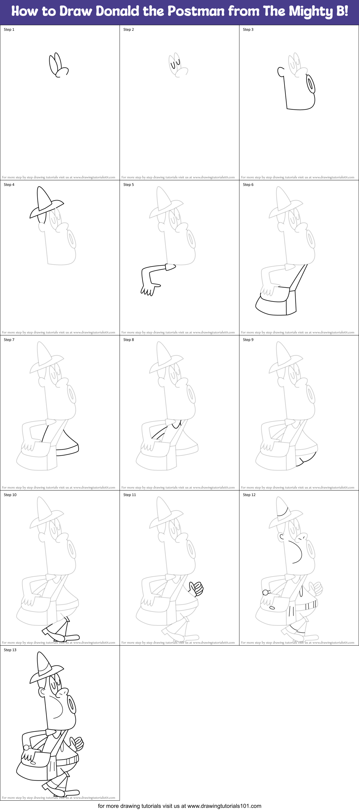 How to Draw Donald the Postman from The Mighty B! Printable Step by Step