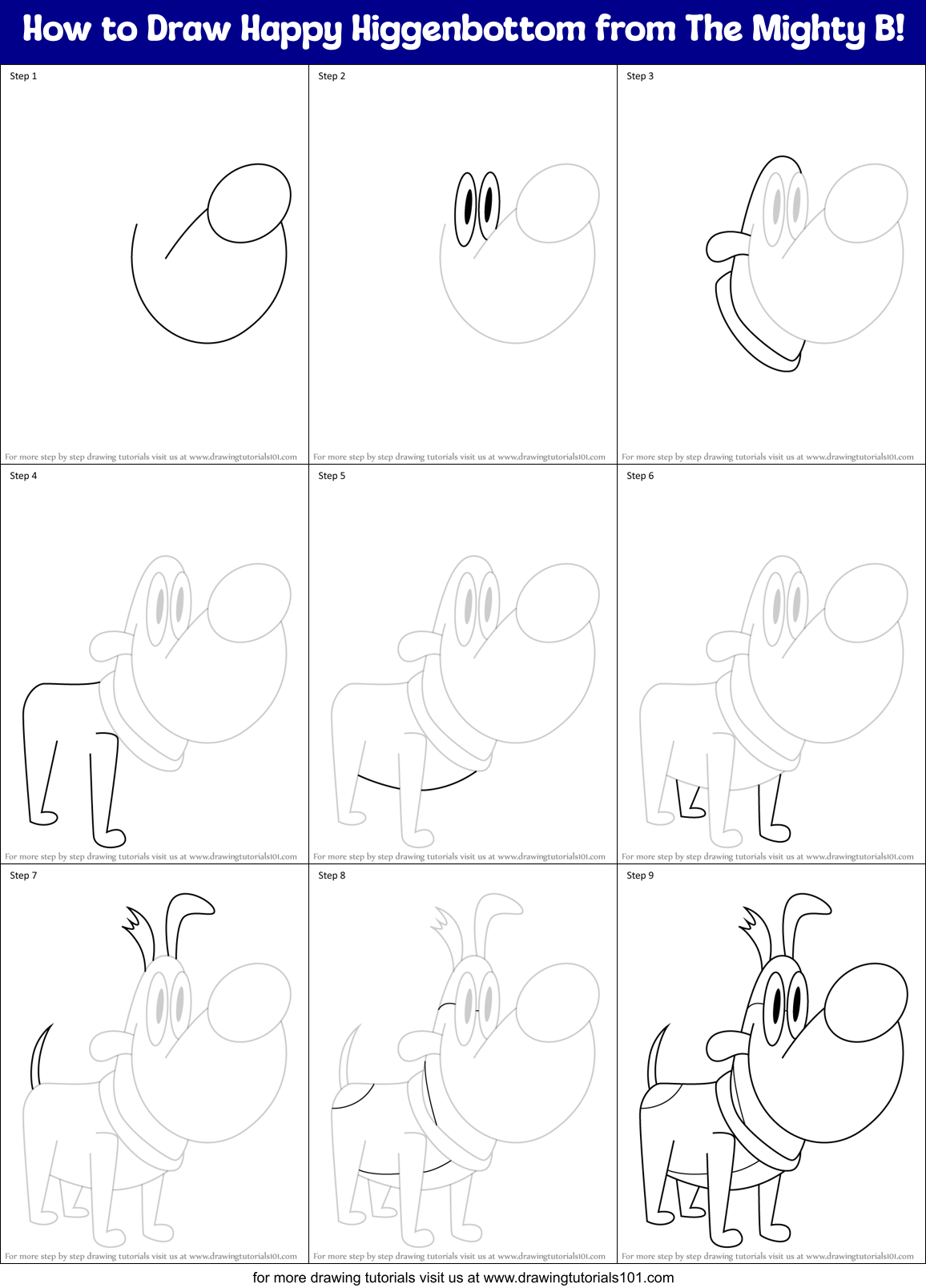 How to Draw Happy Higgenbottom from The Mighty B! Printable Step by Step