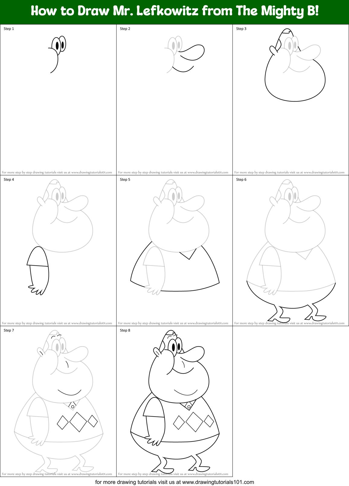 How to Draw Mr. Lefkowitz from The Mighty B! Printable Step by Step