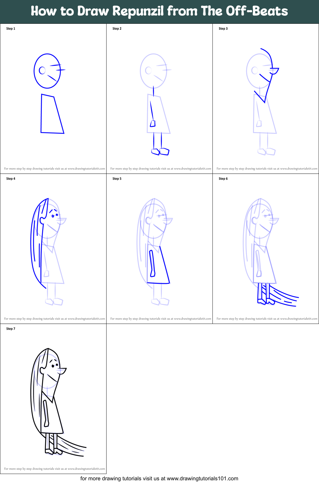 How to Draw Repunzil from The Off-Beats Printable Step by Step