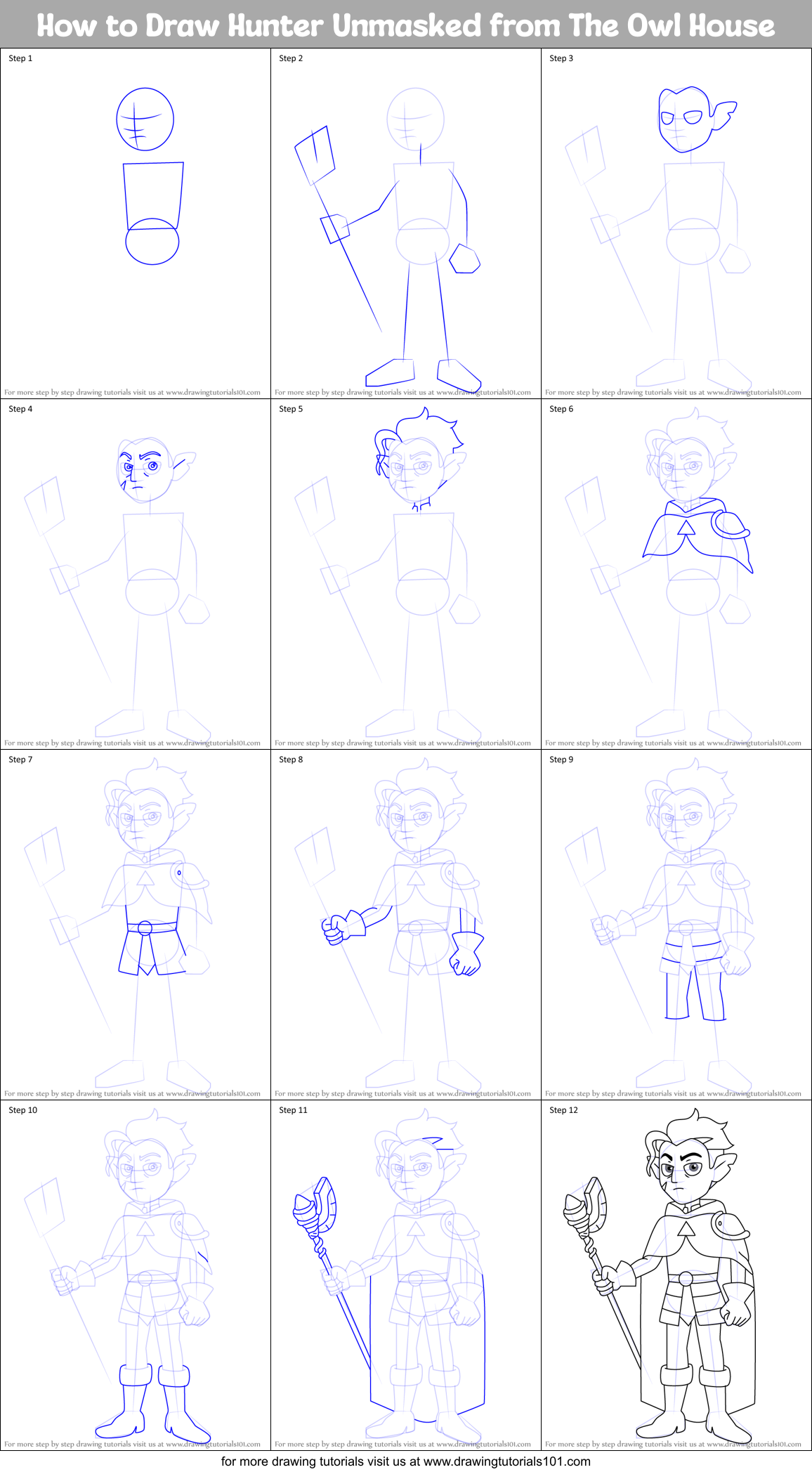 How to Draw Hunter Unmasked from The Owl House Printable Step by Step