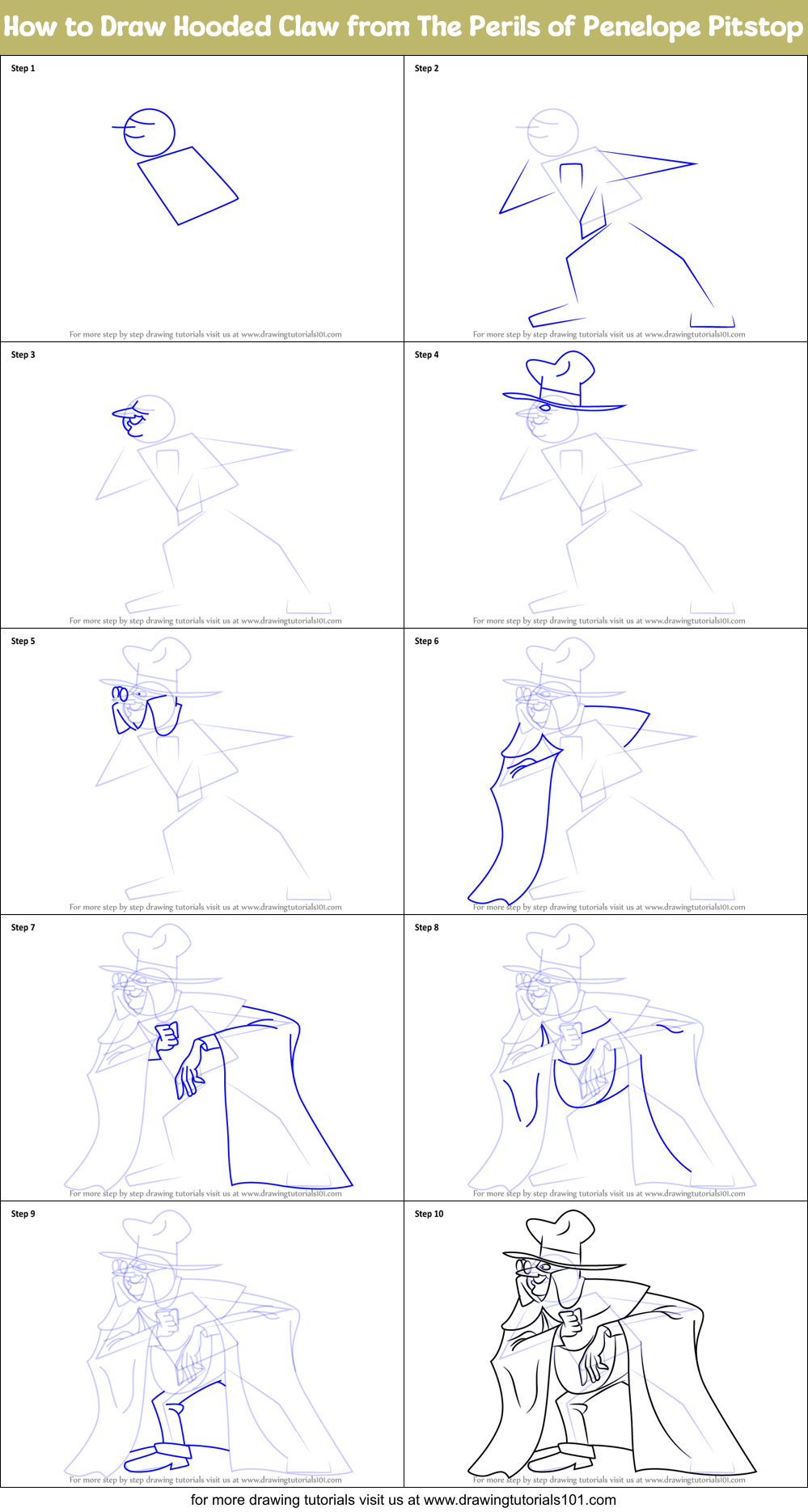 How to Draw Hooded Claw from The Perils of Penelope Pitstop Printable Step by Step
