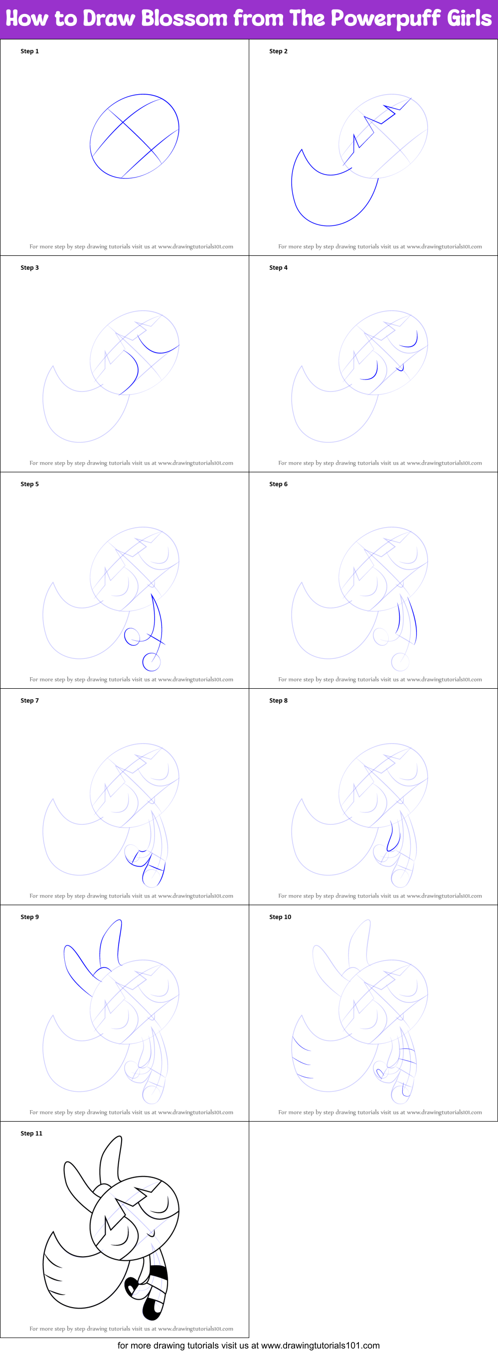 How to Draw Blossom from The Powerpuff Girls Printable Step by Step