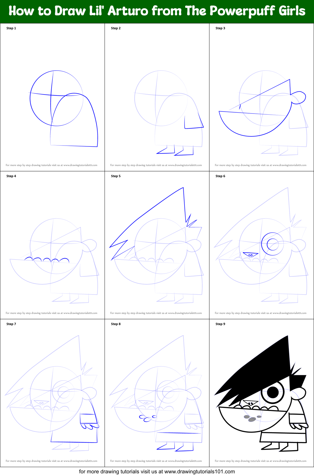 How to Draw Lil' Arturo from The Powerpuff Girls Printable Step by Step