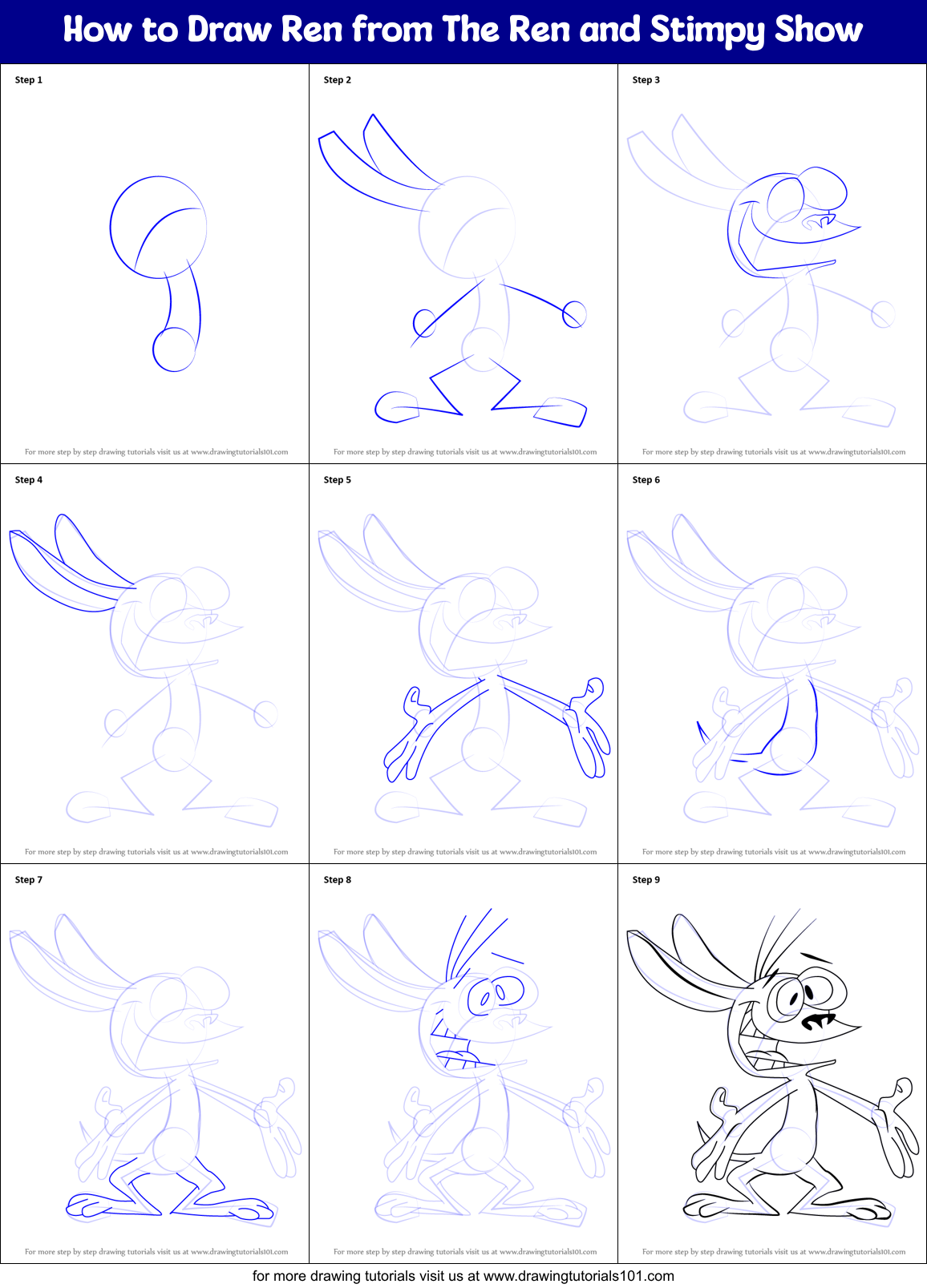 How to Draw Ren from The Ren and Stimpy Show Printable Step by Step