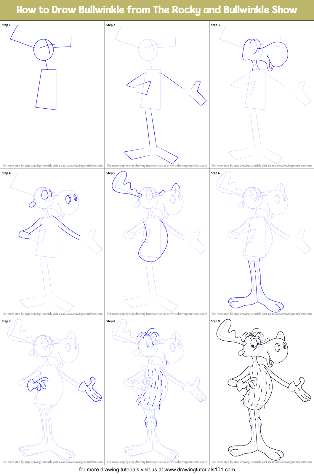 How to Draw Bullwinkle from The Rocky and Bullwinkle Show Printable Step by Step