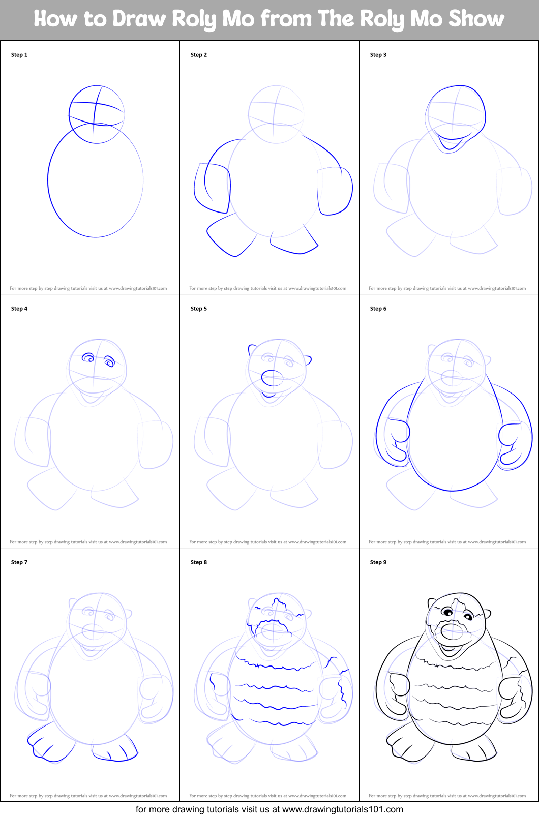 How to Draw Roly Mo from The Roly Mo Show Printable Step by Step