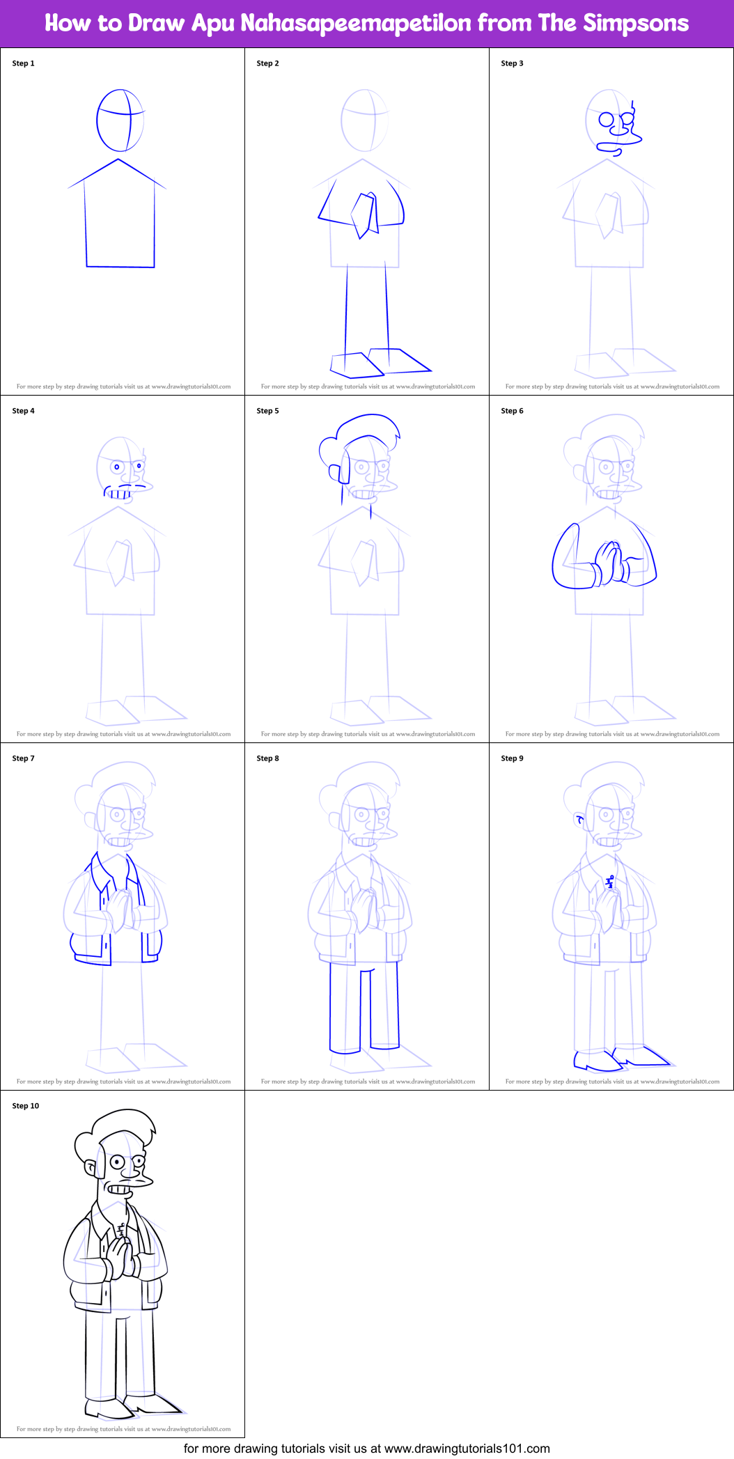 How to Draw Apu Nahasapeemapetilon from The Simpsons Printable Step by Step