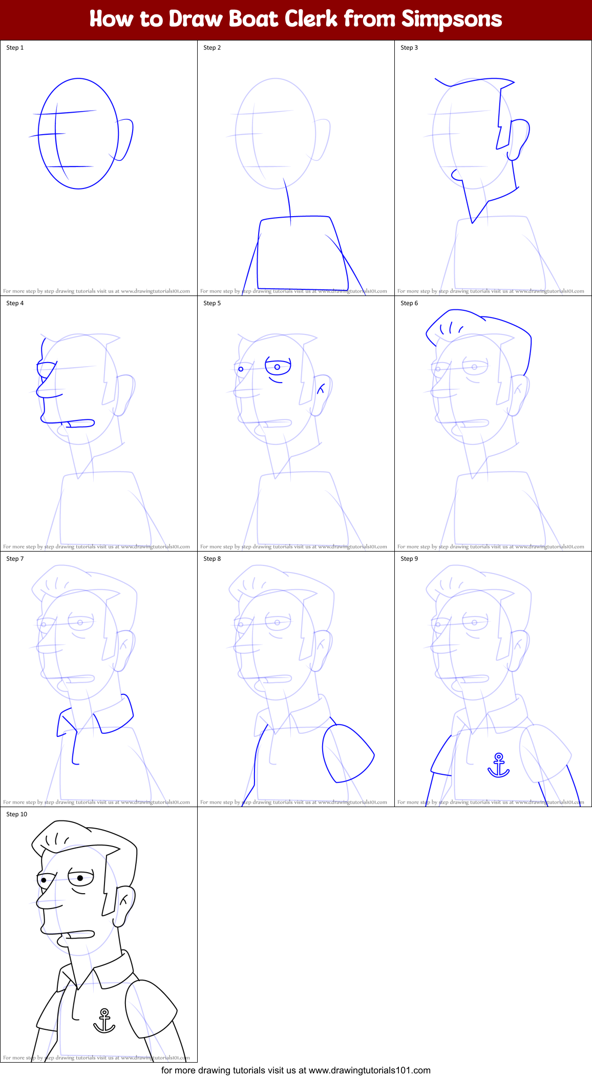 How to Draw Boat Clerk from Simpsons Printable Step by Step