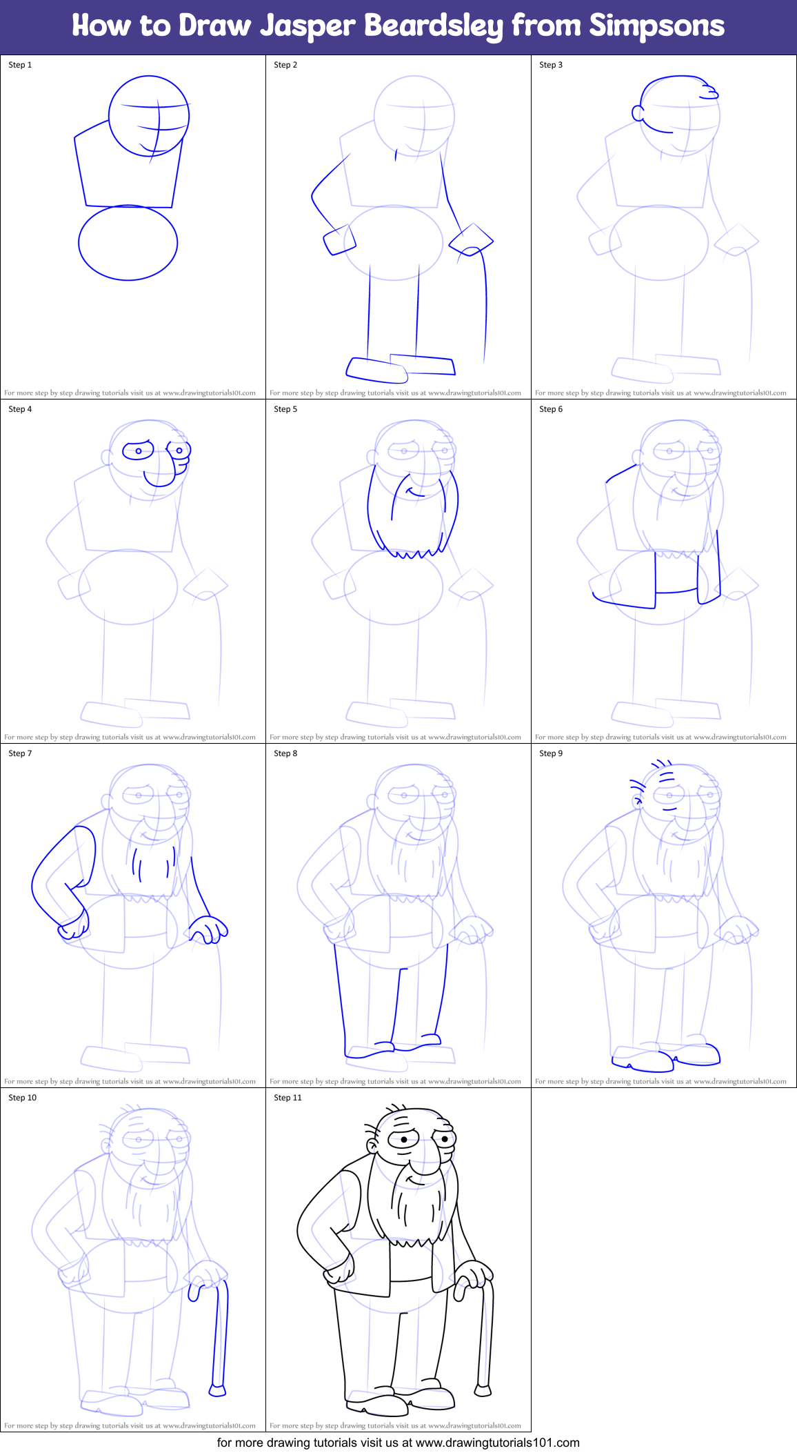 How to Draw Jasper Beardsley from Simpsons Printable Step by Step