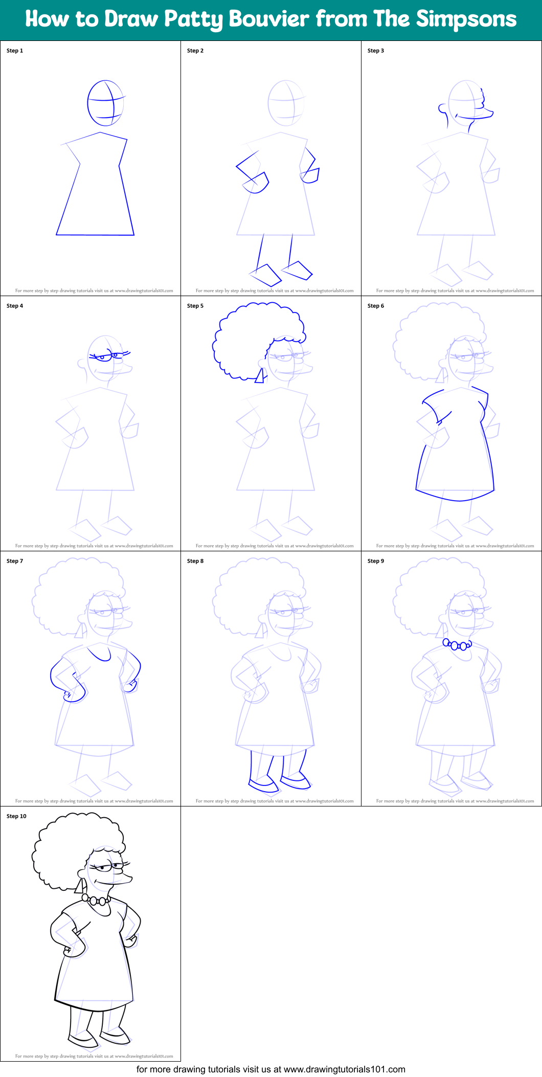 How to Draw Patty Bouvier from The Simpsons Printable Step by Step