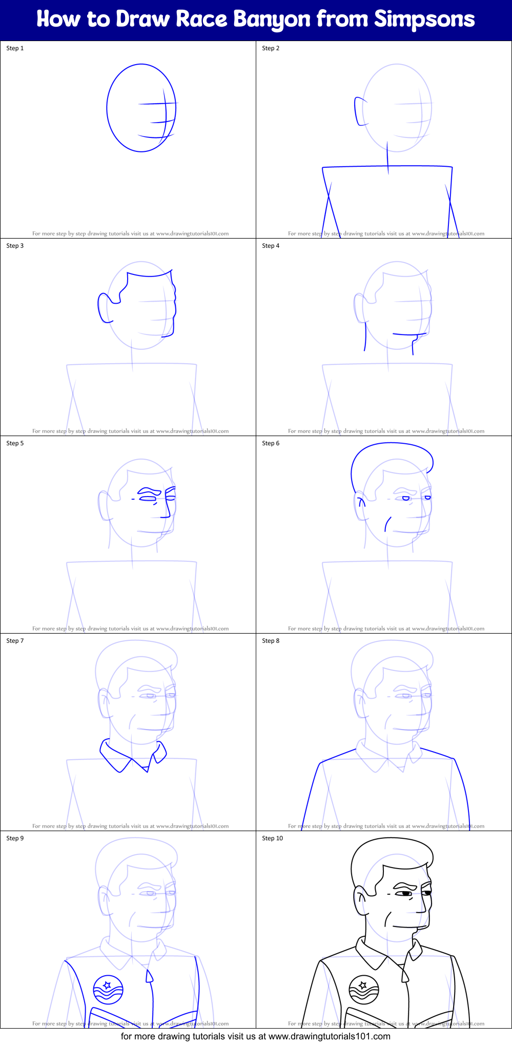 How to Draw Race Banyon from Simpsons Printable Step by Step