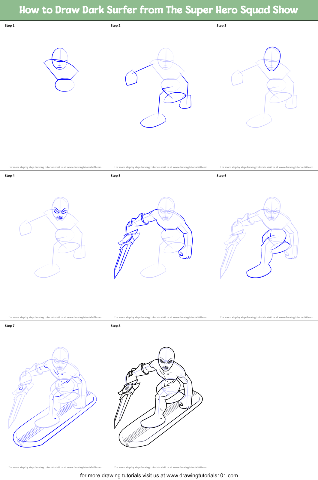 How to Draw Dark Surfer from The Super Hero Squad Show Printable Step by Step
