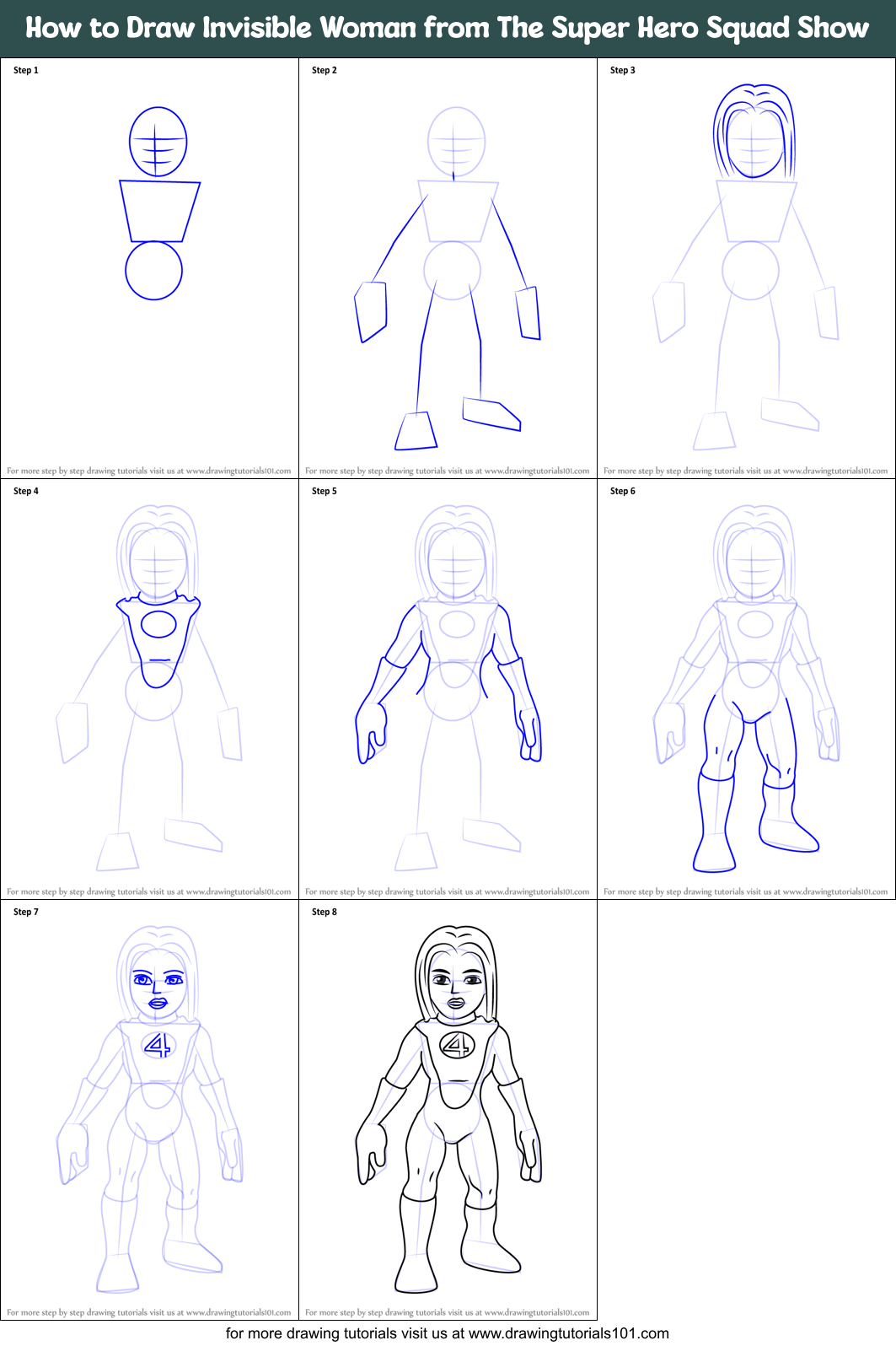 How to Draw Invisible Woman from The Super Hero Squad Show Printable Step by Step