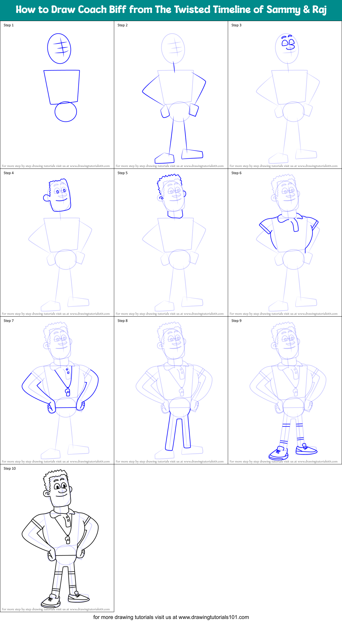 How to Draw Coach Biff from The Twisted Timeline of Sammy & Raj Printable Step by Step