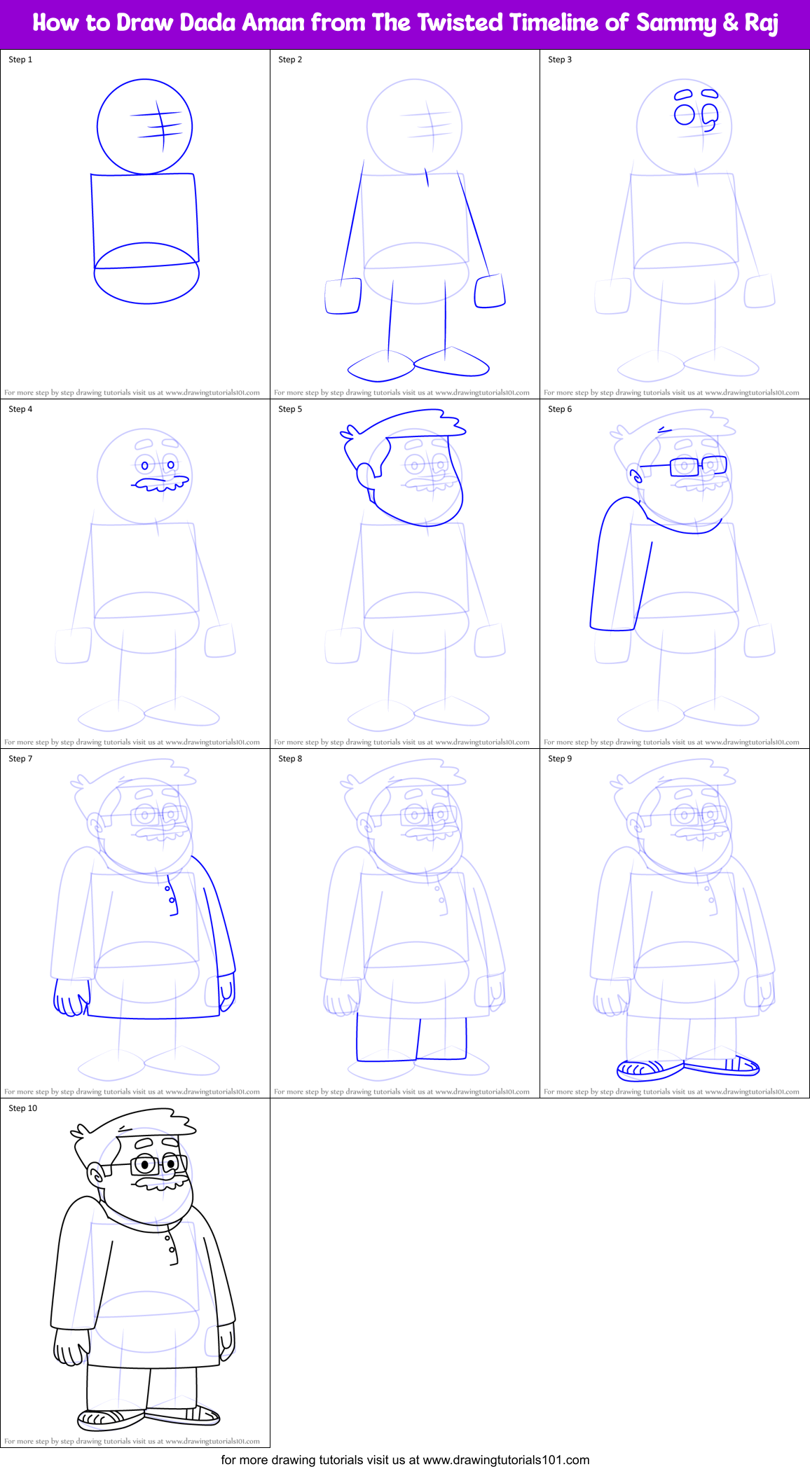 How to Draw Dada Aman from The Twisted Timeline of Sammy & Raj Printable Step by Step