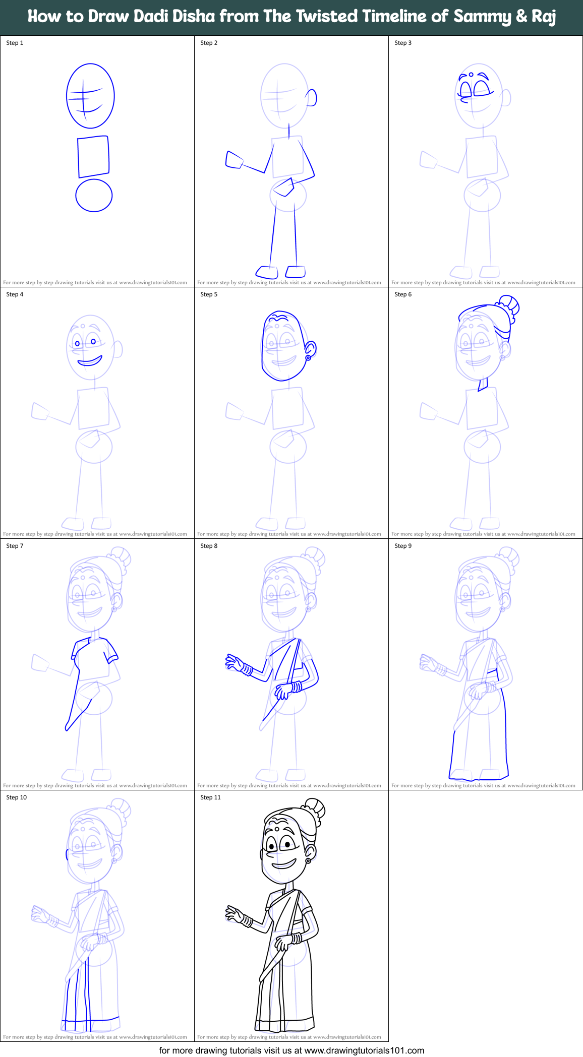 How to Draw Dadi Disha from The Twisted Timeline of Sammy & Raj Printable Step by Step