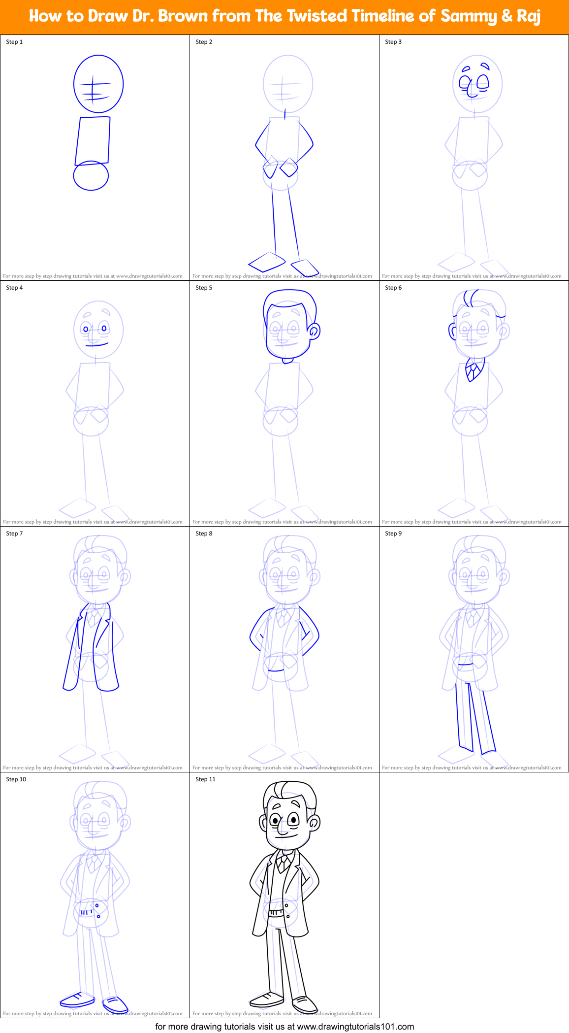 How to Draw Dr. Brown from The Twisted Timeline of Sammy & Raj Printable Step by Step