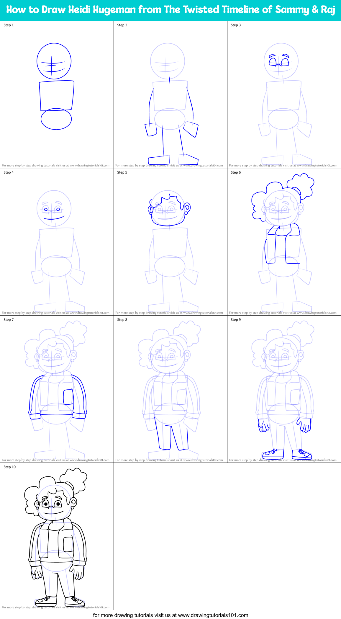 How to Draw Heidi Hugeman from The Twisted Timeline of Sammy & Raj Printable Step by Step