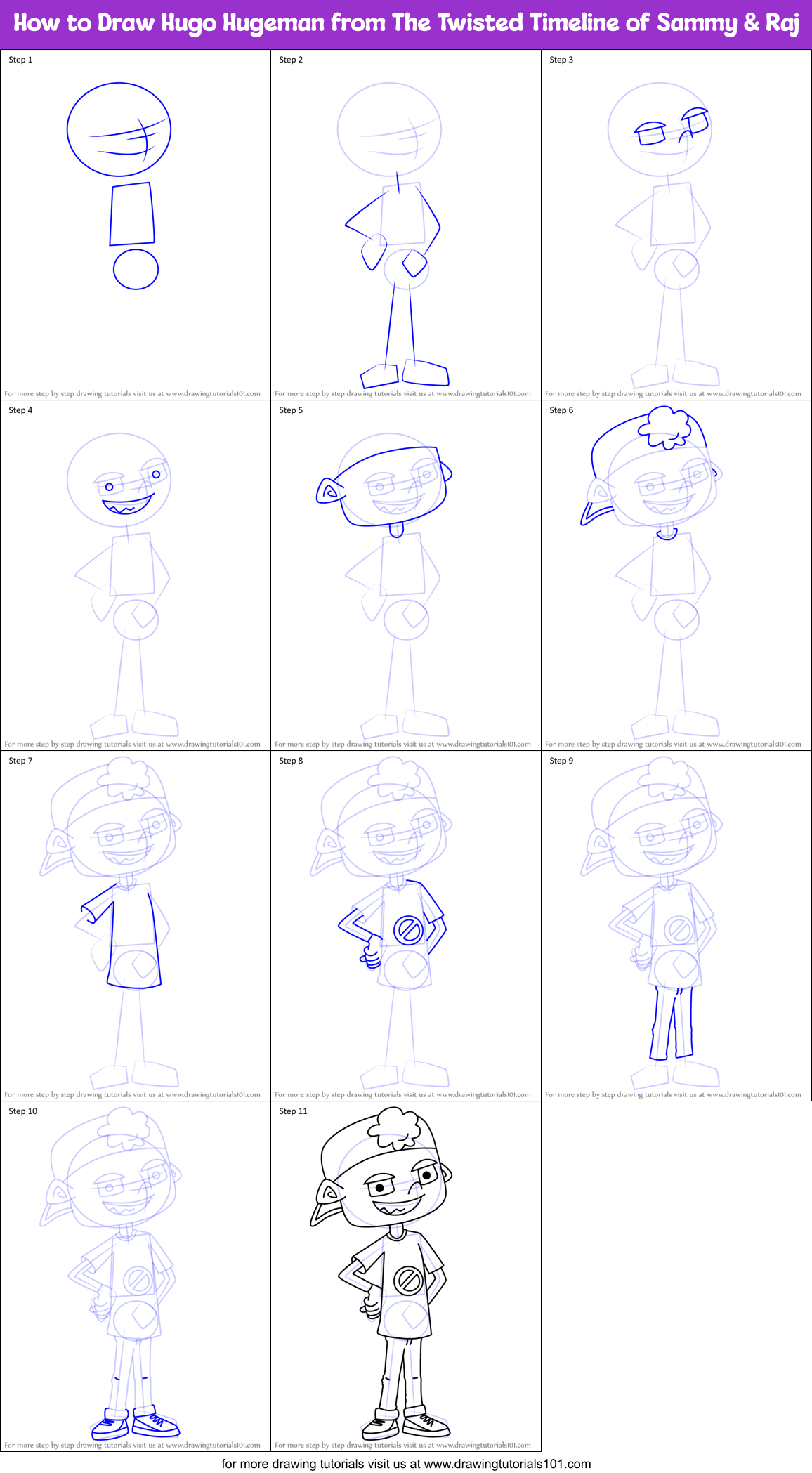 How to Draw Hugo Hugeman from The Twisted Timeline of Sammy & Raj Printable Step by Step